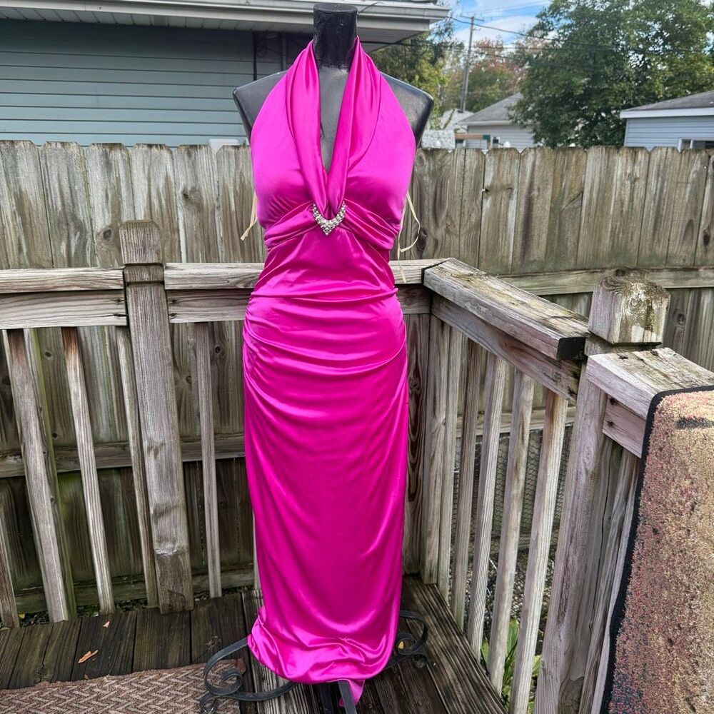 My Michelle Hot Pink Rhinestone Halter Ruched Maxi Prom Dress Women’s Medium